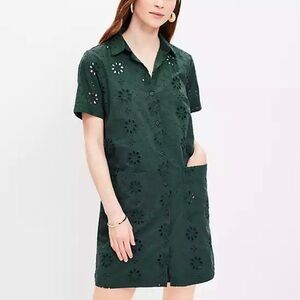 LOFT Ann Taylor Eyelet Mini Shirtdress Size 4 Petite 4P Cotton Pockets Green NEW